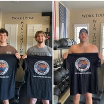 Members holding CFA shirts — Work Today, Win Tomorrow